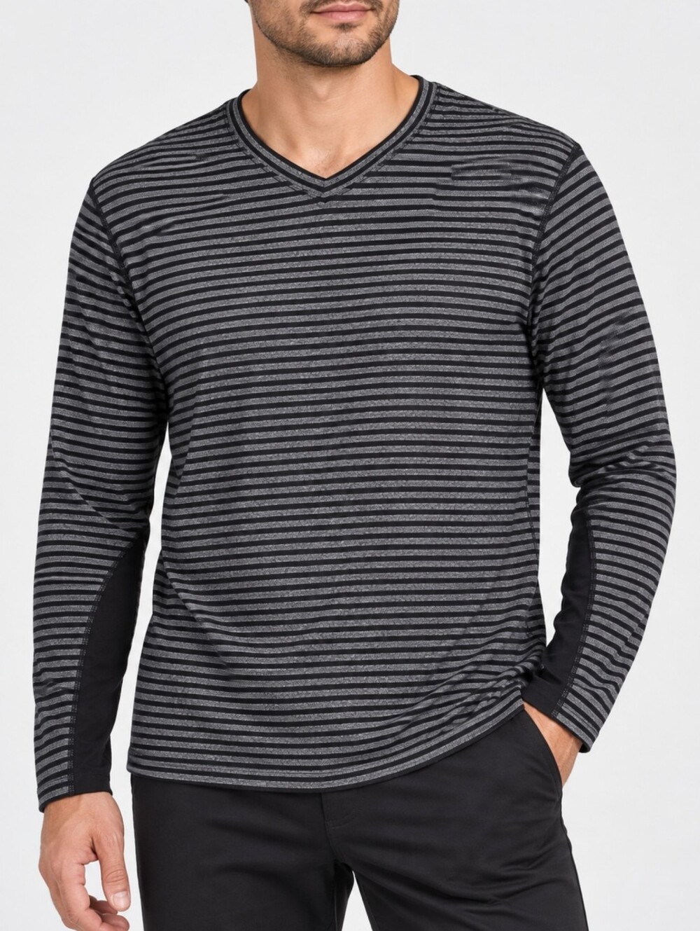 Lululemon Mens Speed Long Sleeve Shirt Classic Stripe Heathered Black Rulu L
